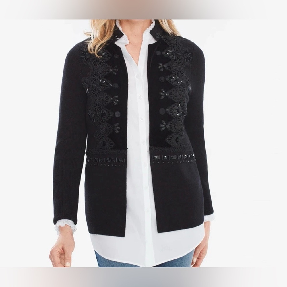 Chicos Embellished Tonal Cardigan Knit Velvet Trim Beaded‎ Black Womens 1P/M